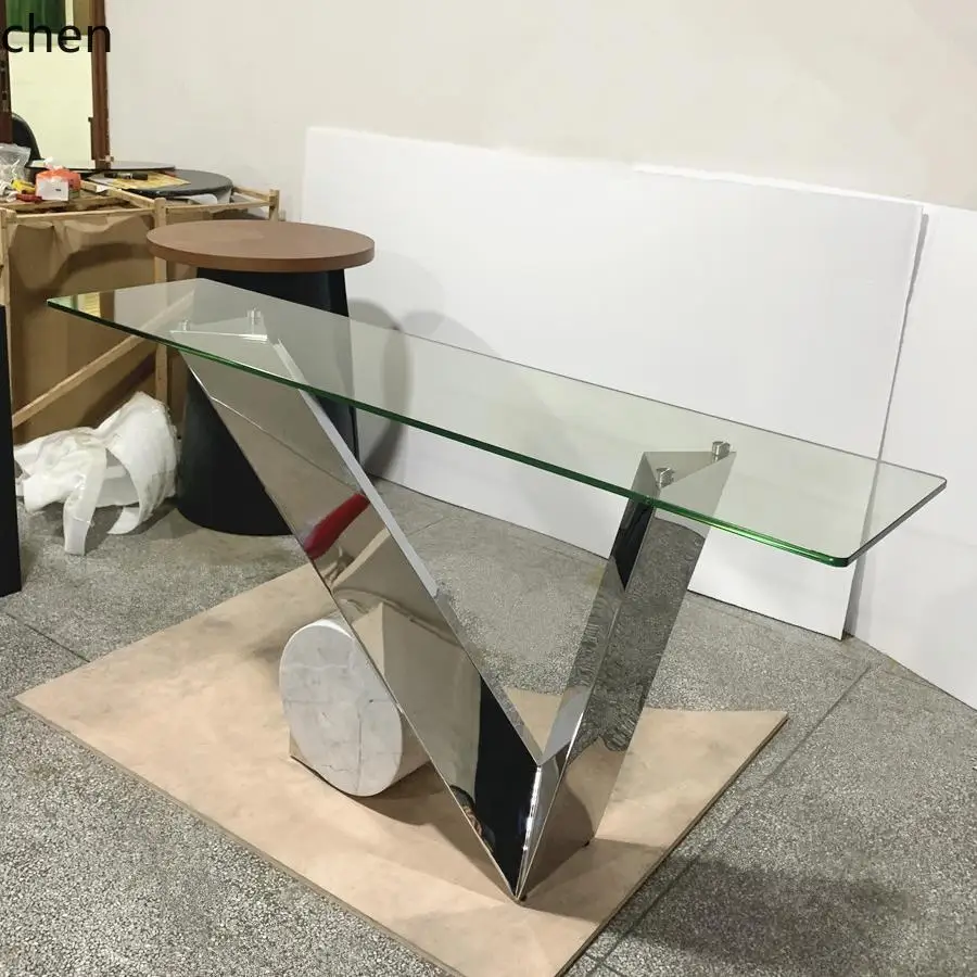 HXL Wall Glass Entrance Table Stainless Steel Silver Bar Marble End View Table