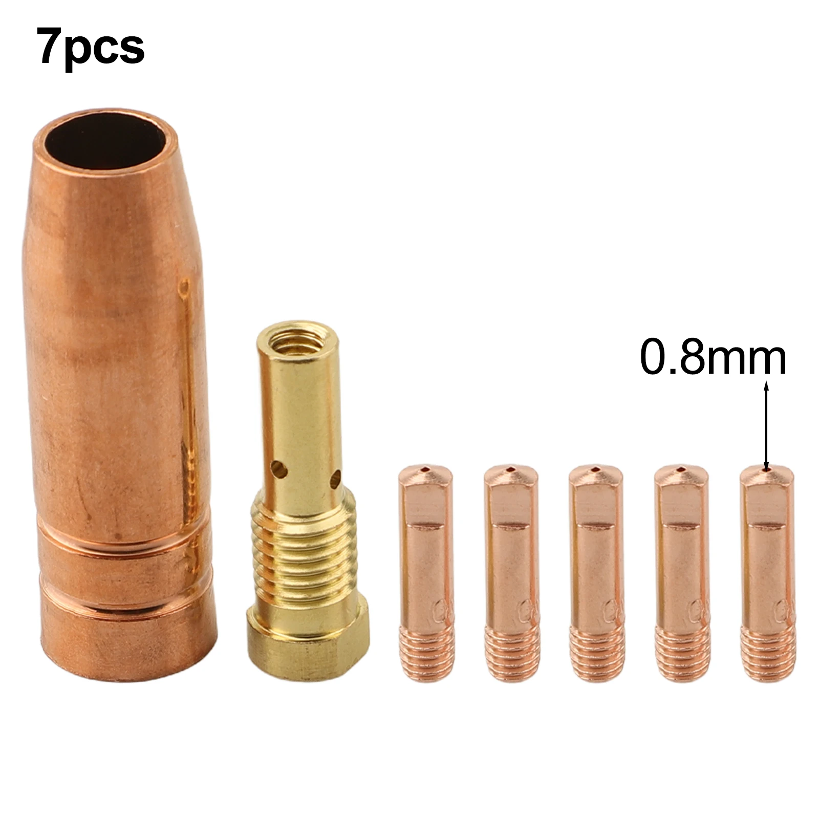 7pcs/set 0.6/0.8/0.9/1.0/1.2mm Airless Nozzle For MIG Welding Flux Core Gasless Brass Nozzle Tips Welding Accessories