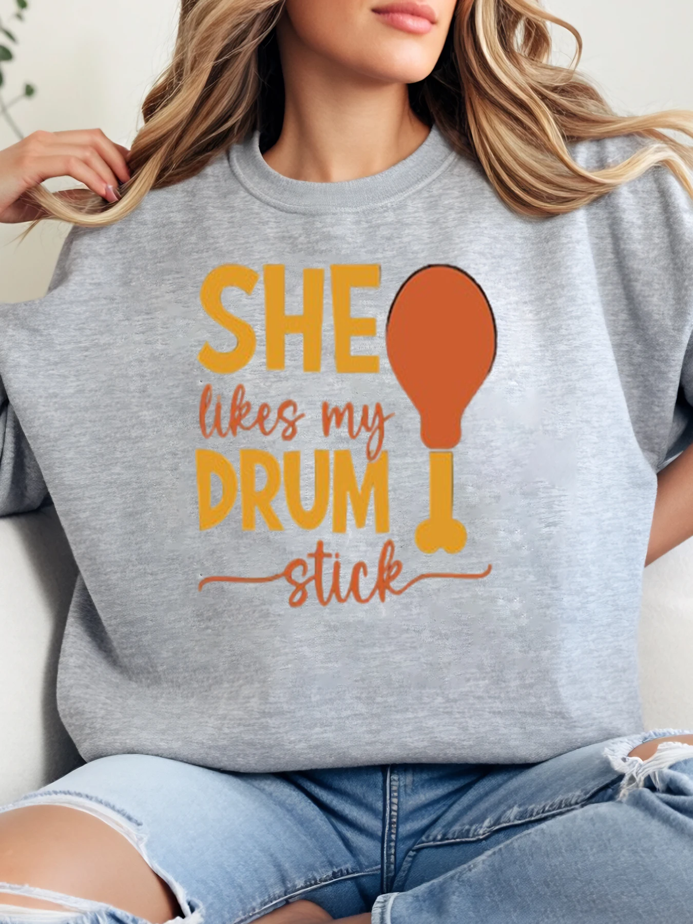 

She Likes My Drum Stick Print Halloween Oversized T-Shirt Women Casual Wear Gray Plus-Size