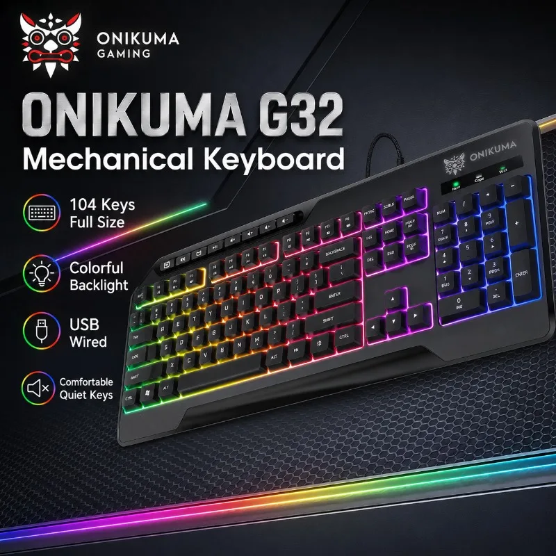 ONIKUMA G32 Gaming Keyboard 104 Keys Colorful Backlit Quiet Membrane USB Wired Full Size Computer Keyboard for PC Laptop Gamer