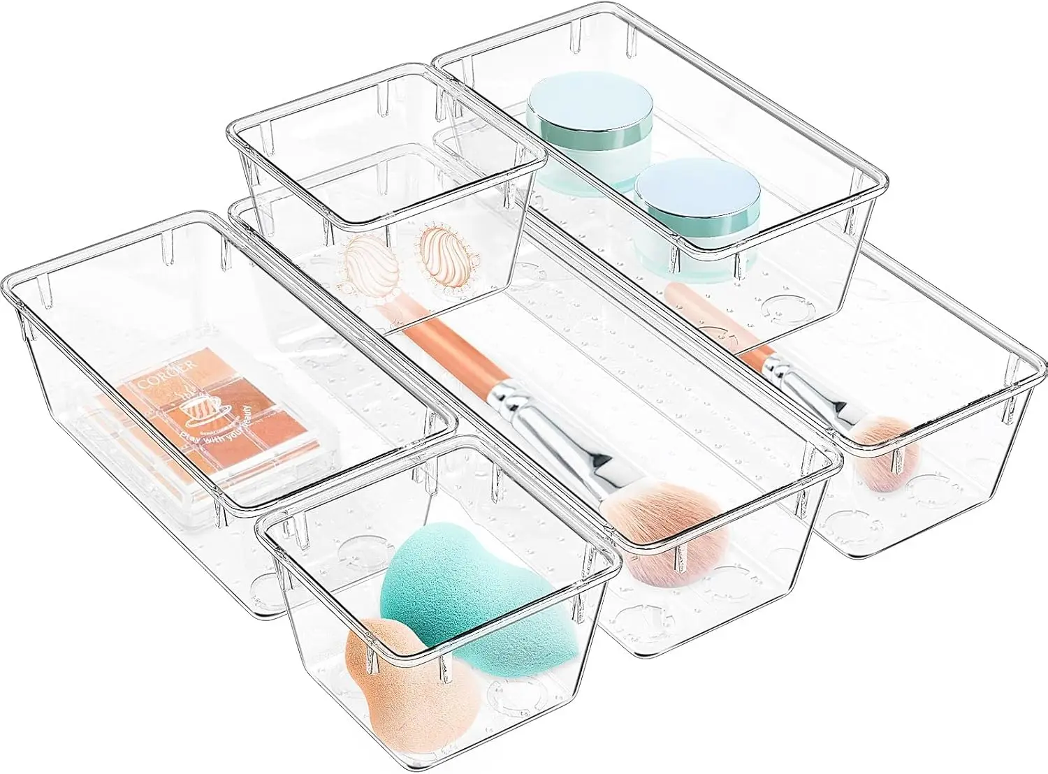 

6 Pack Clear Acrylic Drawer Organizer Set for Makeup, Cosmetics, Jewelry, Utensils, Gadgets & Office Storage