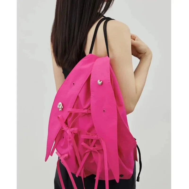 INS New Korean Rabbit Ear Bow Lace Up Drawstring Pleated Casual Shoulder Bag Female Large Capacity Tote Bag Lightweight Backpack