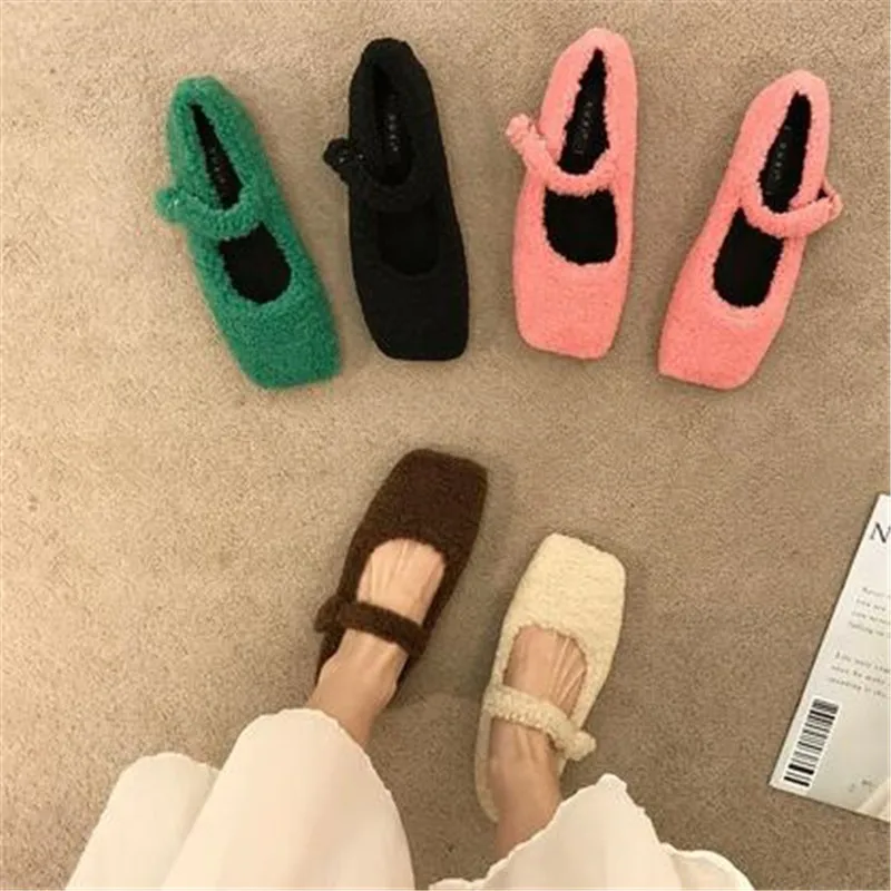 

Fashion Square Toe Lambswool Ballet Flats Woman Winter Warm Plush Loafers Ladies Brand Design Teddy Fur Mary Jane Shoes in Pink