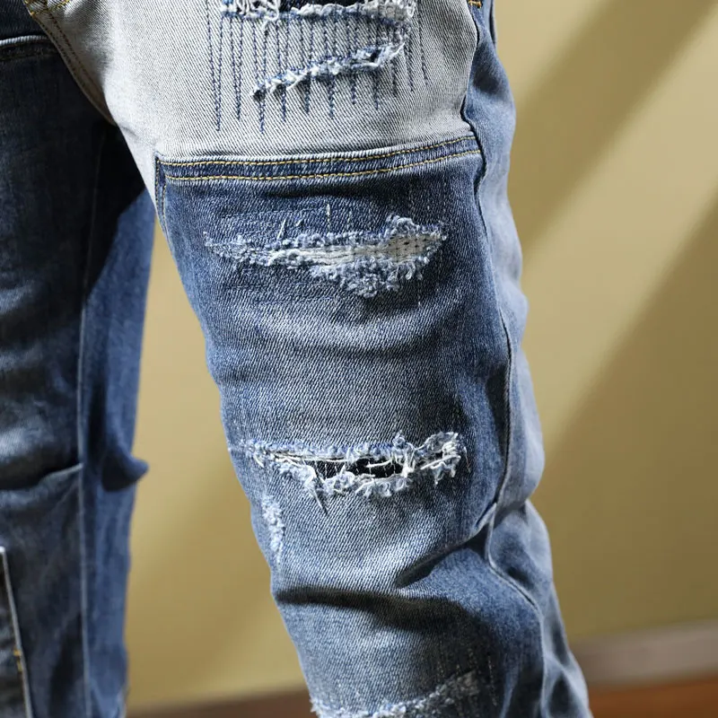 Street Fashion Men Jeans Retro Blue Elastic Stretch Skinny Fit Spliced Ripped Jeans Men Patched Designer Hip Hop Pants Hombre