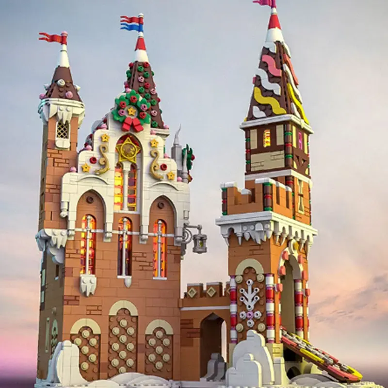 Modèle d'architecture de rue de pain d'épice d'hiver de MOC de petite particule, vue créative de château, jouets de cadeau de bricolage, ornements de puzzle