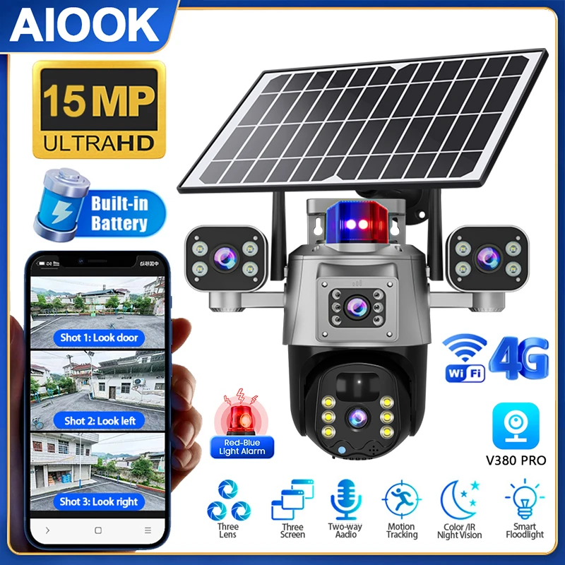 

AIOOK Outdoor Solar Camera V380 PRO HD 15MP WIFI Camera Triple Lens Mobile Tracking Night Vision 4G SIM CCTV Two-Way Intercom