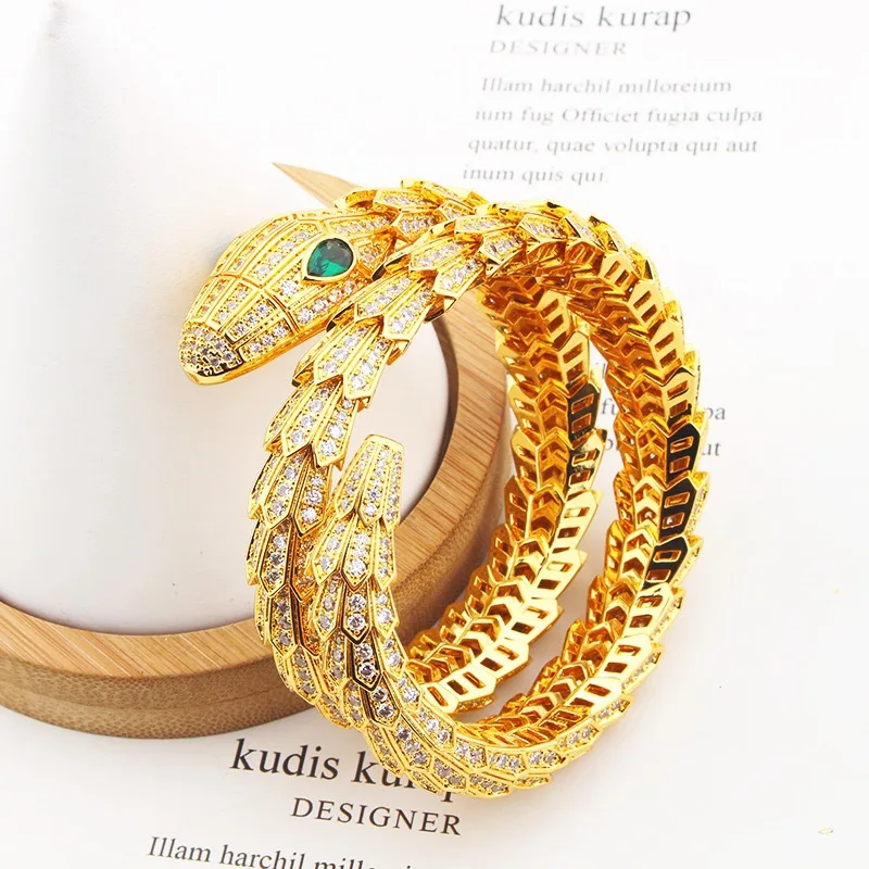 

Designer Collection Bracelet Settings Czech Zircon Elastic Plated Gold Color Snake Serpent Snakelike Double Circle Thick Bangle