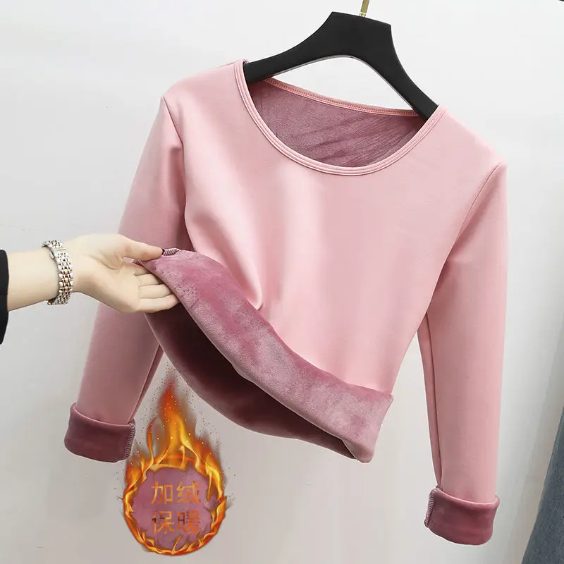 Winter Warm  Round Neck T-Shirt Thick Fleece Thermal Underwear Long Sleeve Basic Solid Warm Autumn Bottomed Blouse