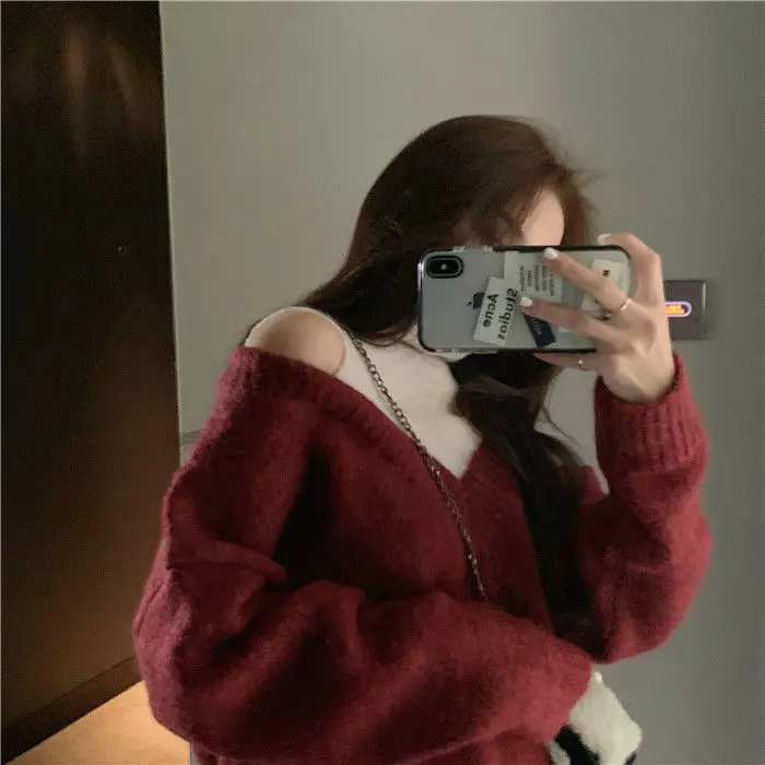 Autumn and Winter Korean Version Sexy Off Shoulder Fake Two Piece Top High Neck Medium Long Sleeve Sweater for Women