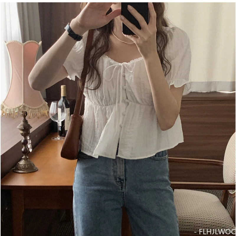 New Cute Chic Doll Design Crop Tops Hot Women Summer 2024 Korea Japan Style Retro Vintage Solid White Button Short Shirt Blouse