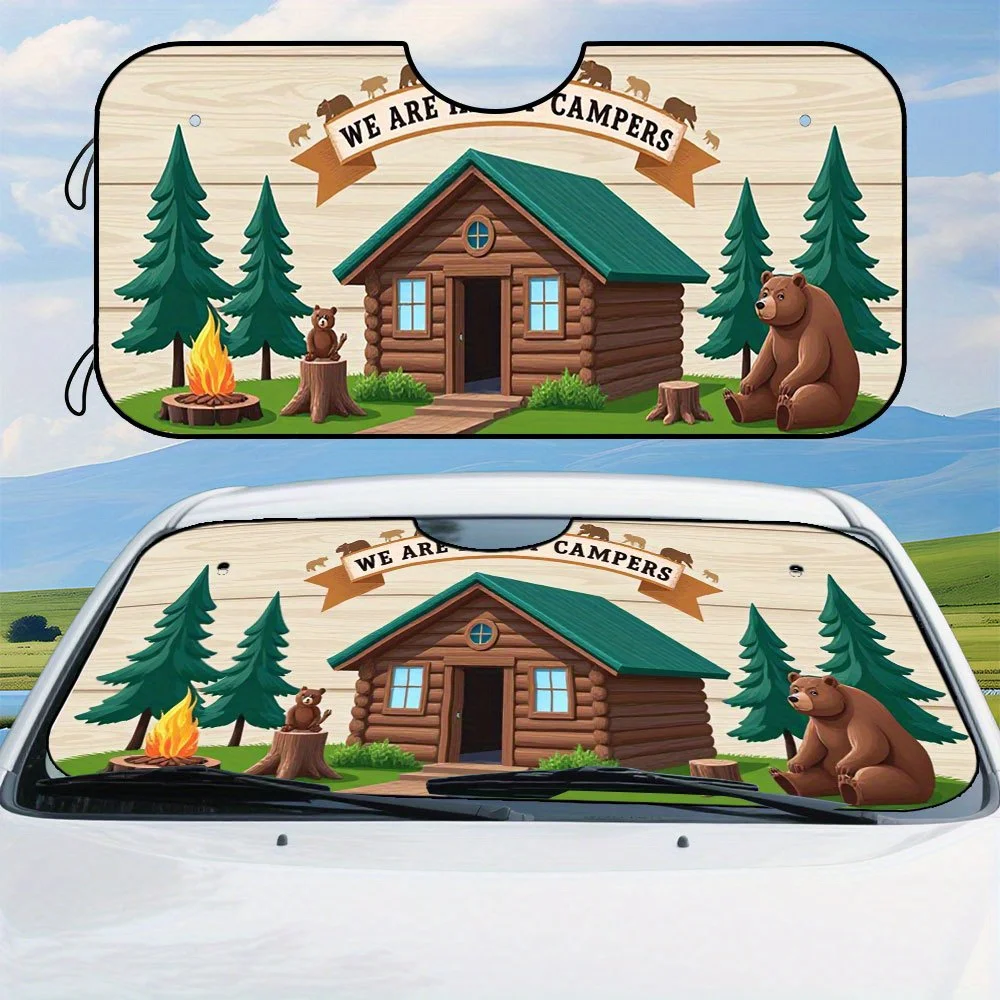 

1pc, Universal Fit Happy Campers Cabin Bears Forest Design Polyester Windshield Sunshade, Easy To Fold And Store, Keeps Your Veh