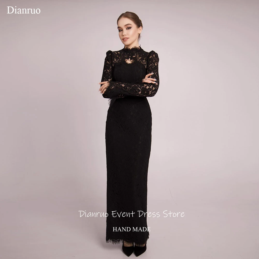 

Dianruo Lace High Neck Evening Dresses Cut Out Straight See Through Vestido Festa Saudi Arabric Vestidos Elegantes Customized