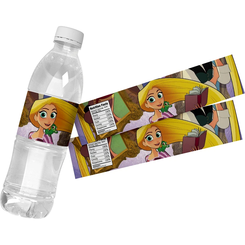 6pcs Disney Tangled Rapunzel Birthday Water Bottle Labels Princess Cartoon Self-adhesive Stickers Child Decoration Party Favors