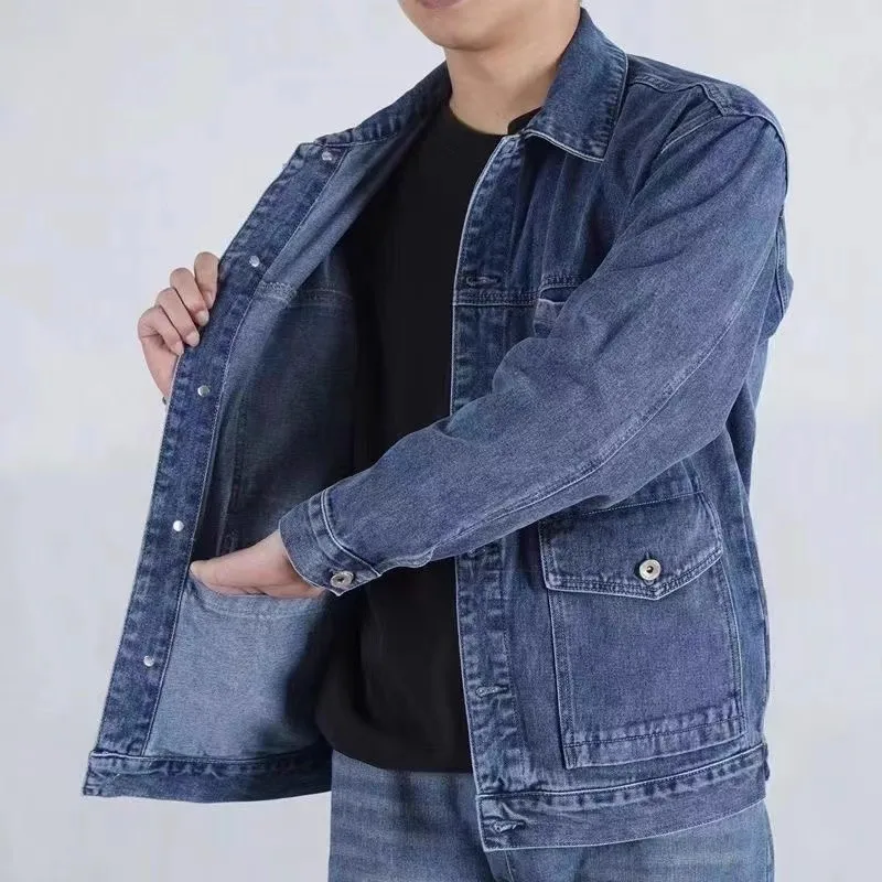 Men's Loose Fit Denim Jacket Autumn Winter Workwear Jacket Large Size Multi Pocket Durable And Dirt Resistant Casual Coat