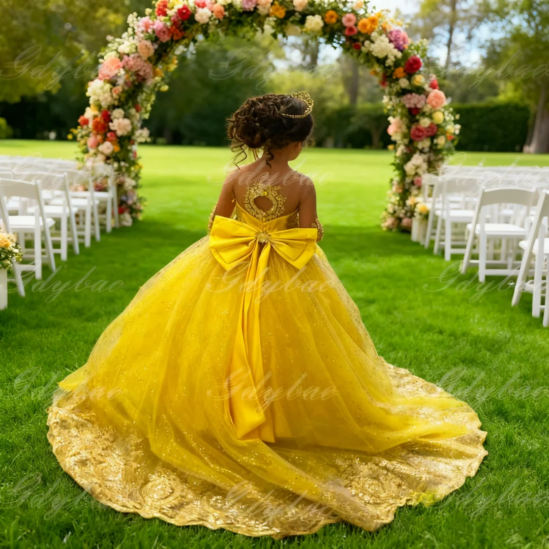 فستان بناتي أنيق أصفر فاتح بأكمام طويلة من الدانتيل من التول فستان سهرة مخصص لحفلات الأطفال