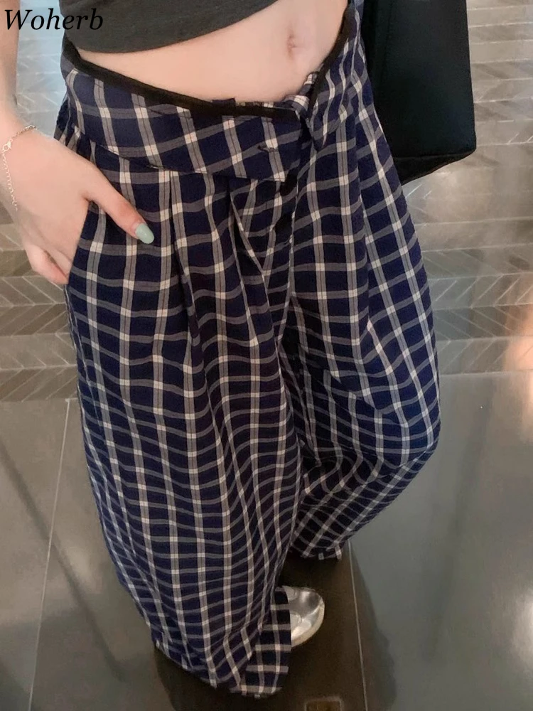

Plaid Button Wide Leg Pants for Women 2025 New Bottoms Loose Straight Trousers High Waist Casual All Match Summer Pantalon Femme
