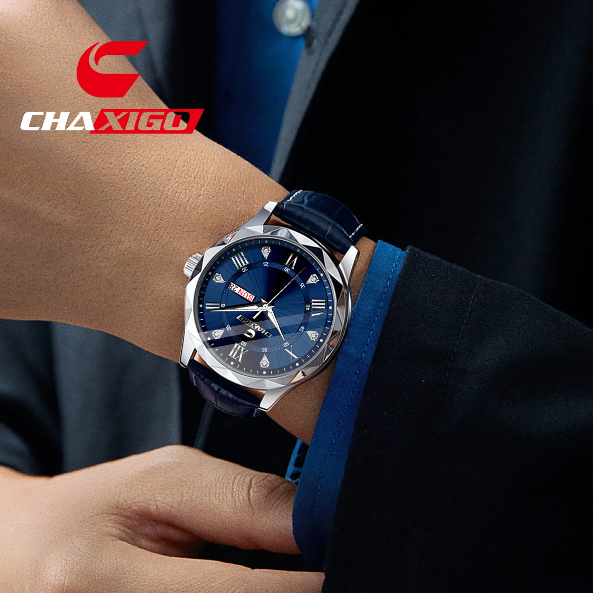 

CHAXIGO Men's Business Leather Strap Watch 40mm - Luminous Day and Date Display, 30m Water Resistance Quartz Movement Alloy Case