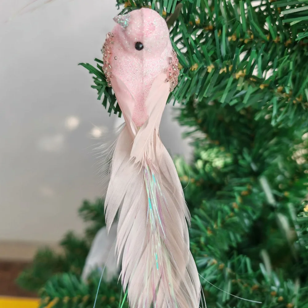 

Glitter Simulated Foam Feather Bird with Clip Artificial Christmas Tree Bird Decoration Long Feather Tail Lightweight