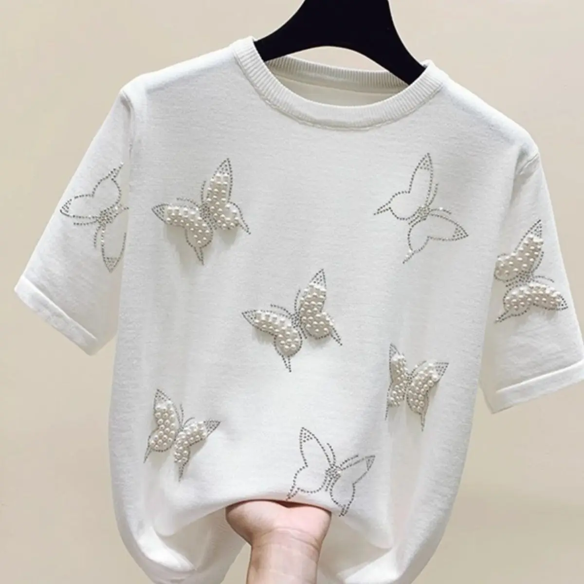 

Summer Women Clothing Bow Knot Embroidered T-Shirts Elegant O-Neck Short Sleeve Fashion Knit Tops Tees Office Lady Pullovers