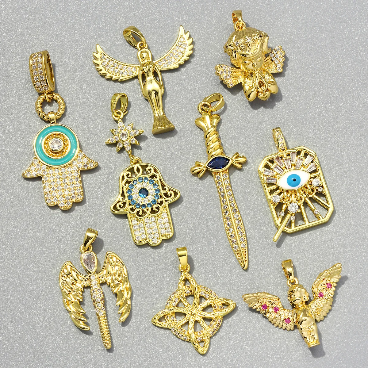 3pcs/Lot Luxury Copper Zircon Cross Wing DIY Charms Angel Hand Eye Necklace Pendants Woman Greek Mythology Jewelry Wholesale