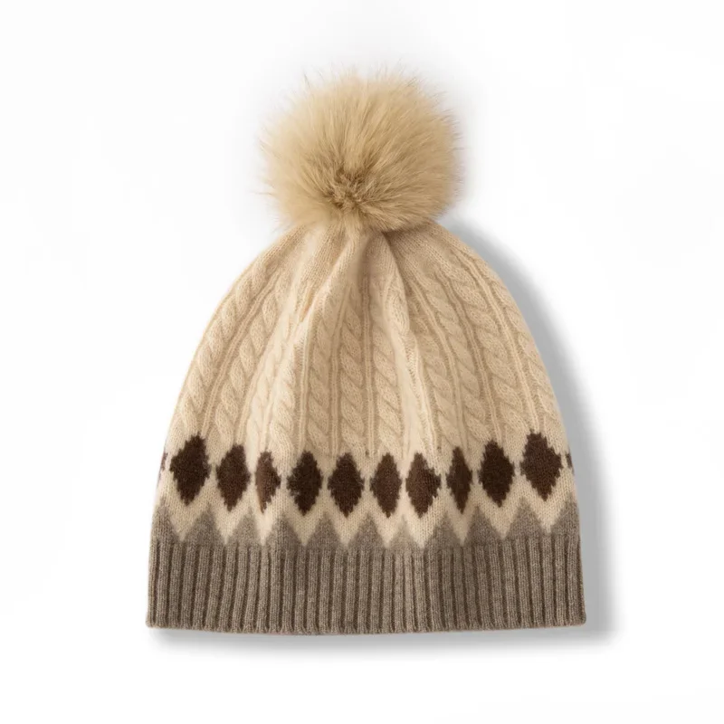 

Women 100% Cashmere Beanie Hat Two Tone Color Block Pom Pom Detail Cable Knit Winter Warm Soft Slouchy Skullies Cap