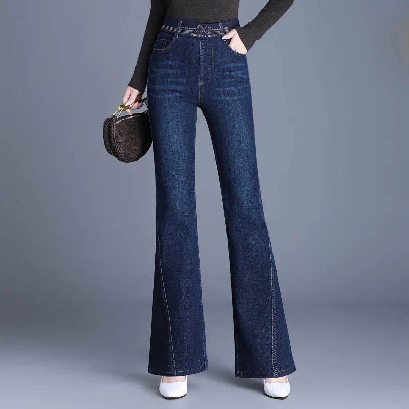 

Расклешенные джинсы с легким расклешенным краем, эластичной резинкой на талии, высокой талией, приталенным крой, новые эластичные универсальные расклешенные брюки на осень и зиму