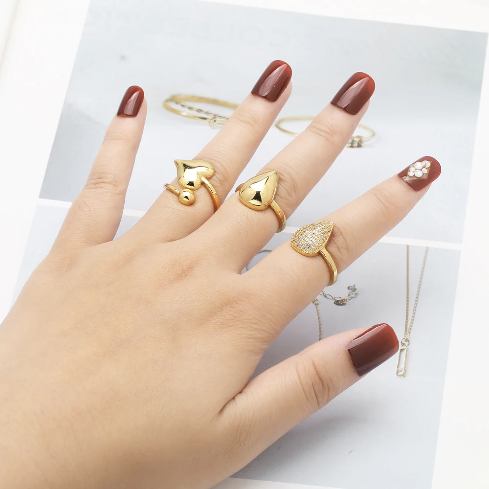 OCESRIO Trendy White Crystal Water Drop Rings for Women Copper Gold Plated Polish Heart Stacked Ring Jewelry Women Gift rign06