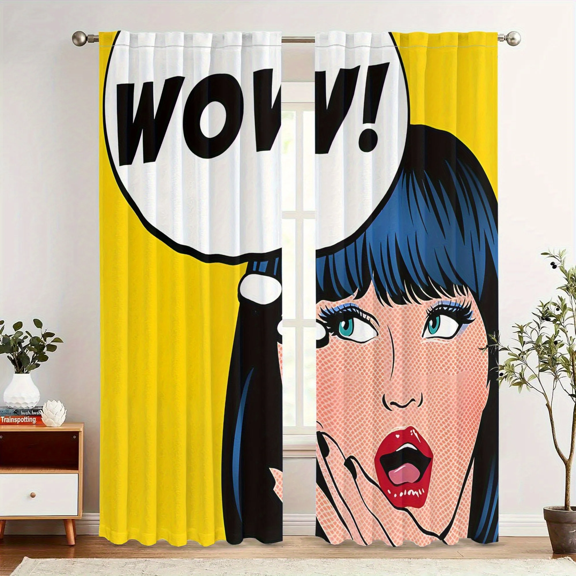 Pop Art Curtains Comic Book Style Retro Woman Print with WOW Bubble Modern Wall Decor for Living Room Bedroom Home