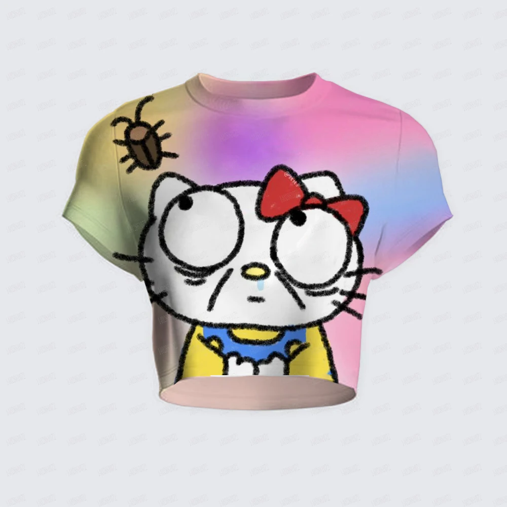 2024 Women Summer Short Sleeve T-shirt Hello Kitty Printing Round Neck Short Tops UltraShort Sexy Ladies Simple Fashion T-shirts