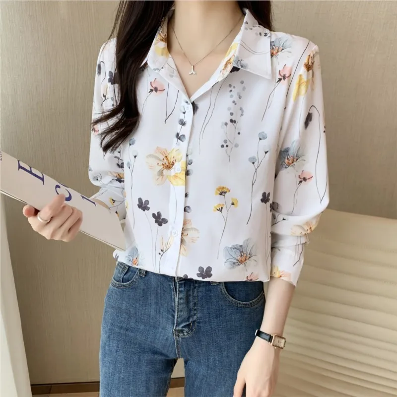 Per il tempo libero Allentato a maniche lunghe Autunno Stampa Camicia ridotta in stile occidentale Top con risvolto da donna Blusas Mujer Elegantes Y Juveniles Camicette