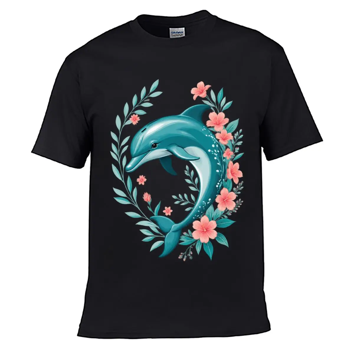 Dolphin Floral Watercolor Ocean Wildlife Botanical Graphic Street Distressed Washed Loose Simple Tee