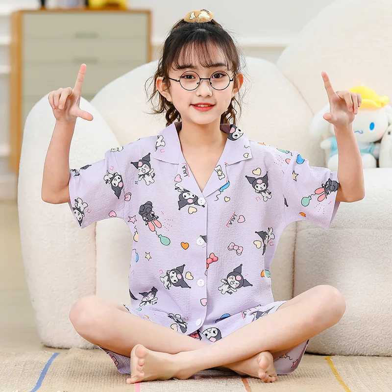 Sanrioed Hello Kittys My Melody Girls Pajamas Summer Kuromi Cinnamoroll Kids Cartoon Loungewear Short Sleeve Shorts Sleepwear