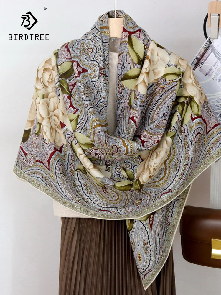 Birdtree 30% Real Silk 70% Wool Elegant Scarf Double Sided Print Women 2024 Spring Autumn Fashion Scarf Mom's Gift New A41405QC