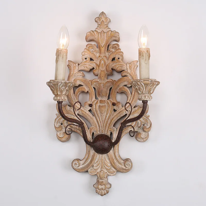Factory Direct 2026 American country solid wood carving retro old wall lamp living room dining room bedroom corridor club decora