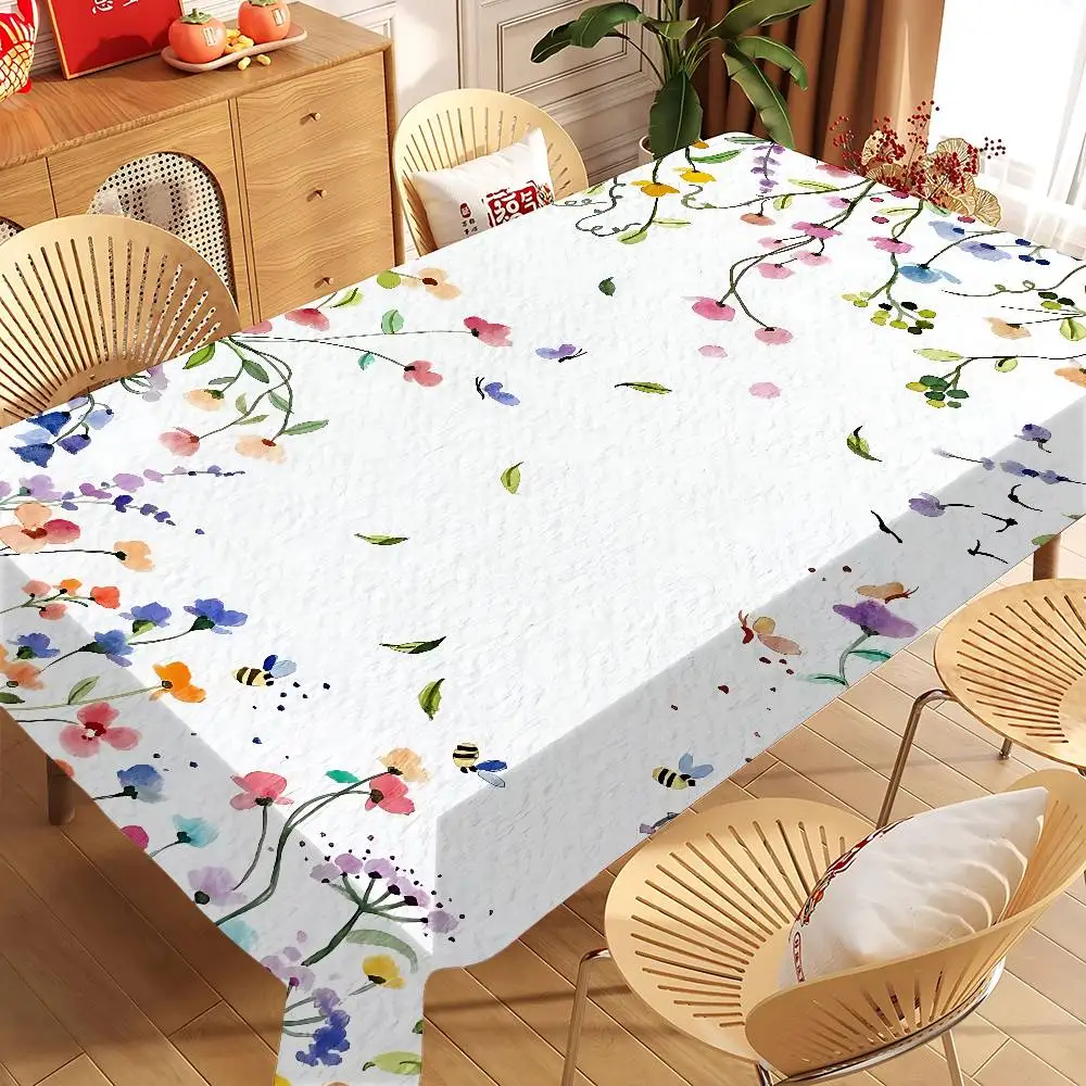 Frühlings-Aquarell-Wildblumen-Tischdecke, wasserdicht, ölbeständig, schmutzabweisend, abwischbarer rechteckiger Tisch