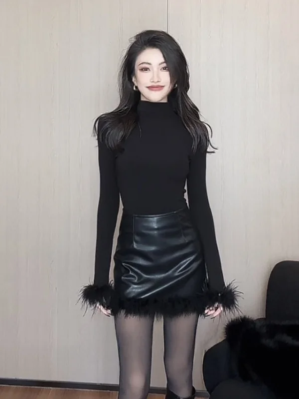 

Футболка Ele Bla с высоким воротником, женская осенне-зимняя облегающая футболка Base irt, мягкий удобный длинный свеч, чистый ...