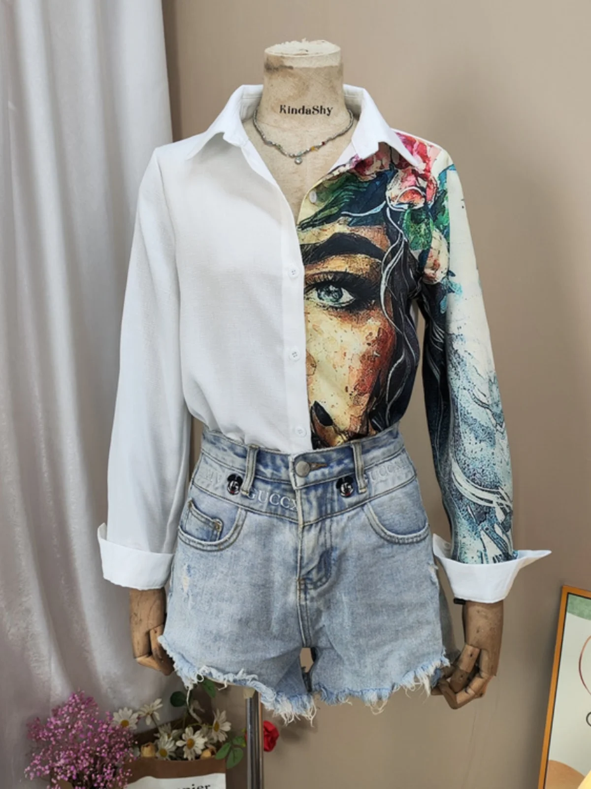 plus Size Ethnic Style Linen Cotton Semi-Transparent Color Block  Print Long Sleeve Shirt Street Style Slim Fit  Collar