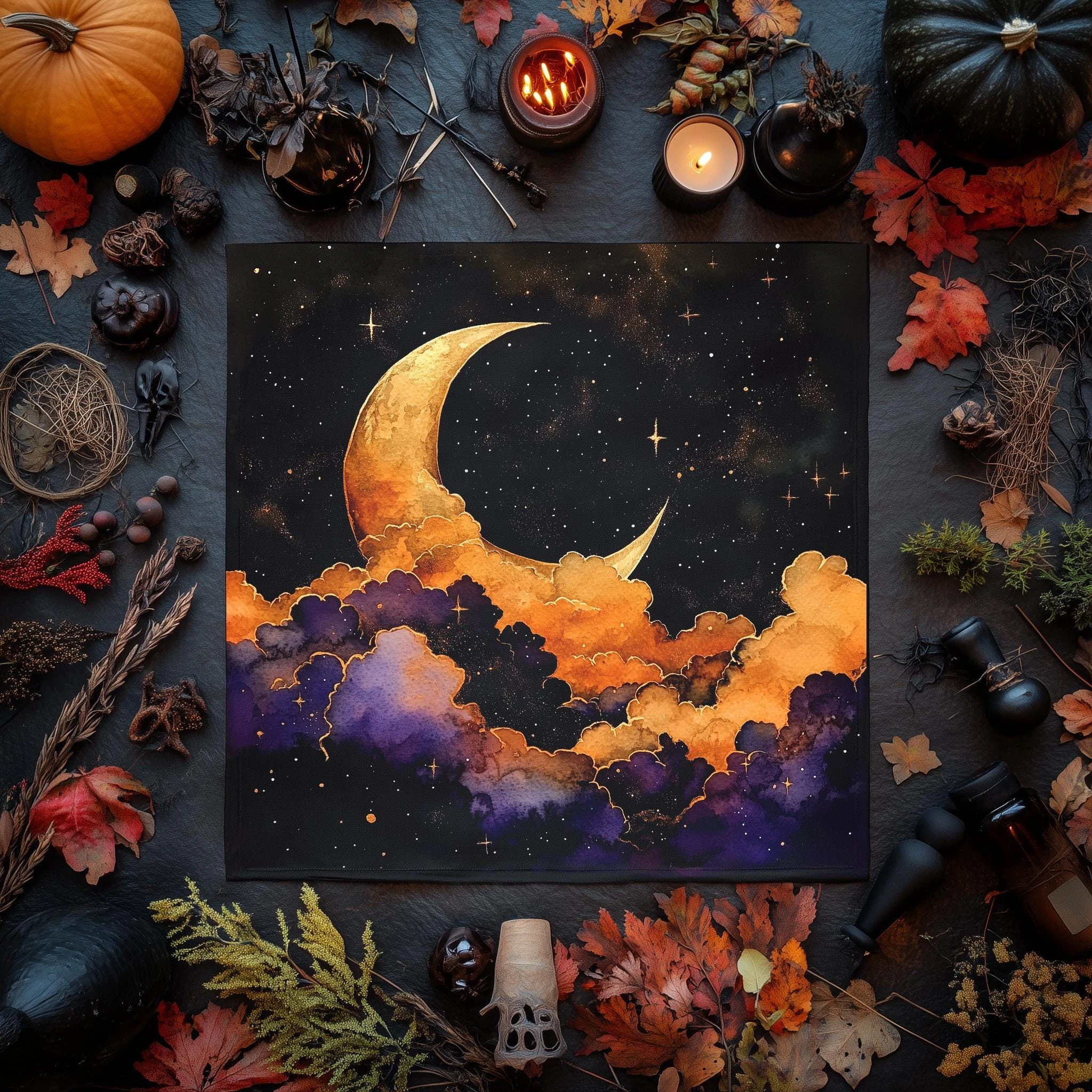 Mystical Crescent Moon Cloud Tarot Tablecloth, Witchy Celestial Altar Cloth for Divination Meditation Home Decor
