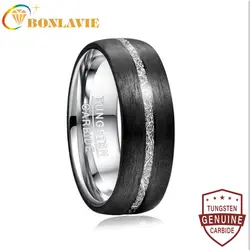 BONLAVIE 8mm Width Men's Tungsten Carbide Ring Inlaid Carbon Fiber + Imitation Vermiculite Tungsten Steel Ring Wedding Band Ring