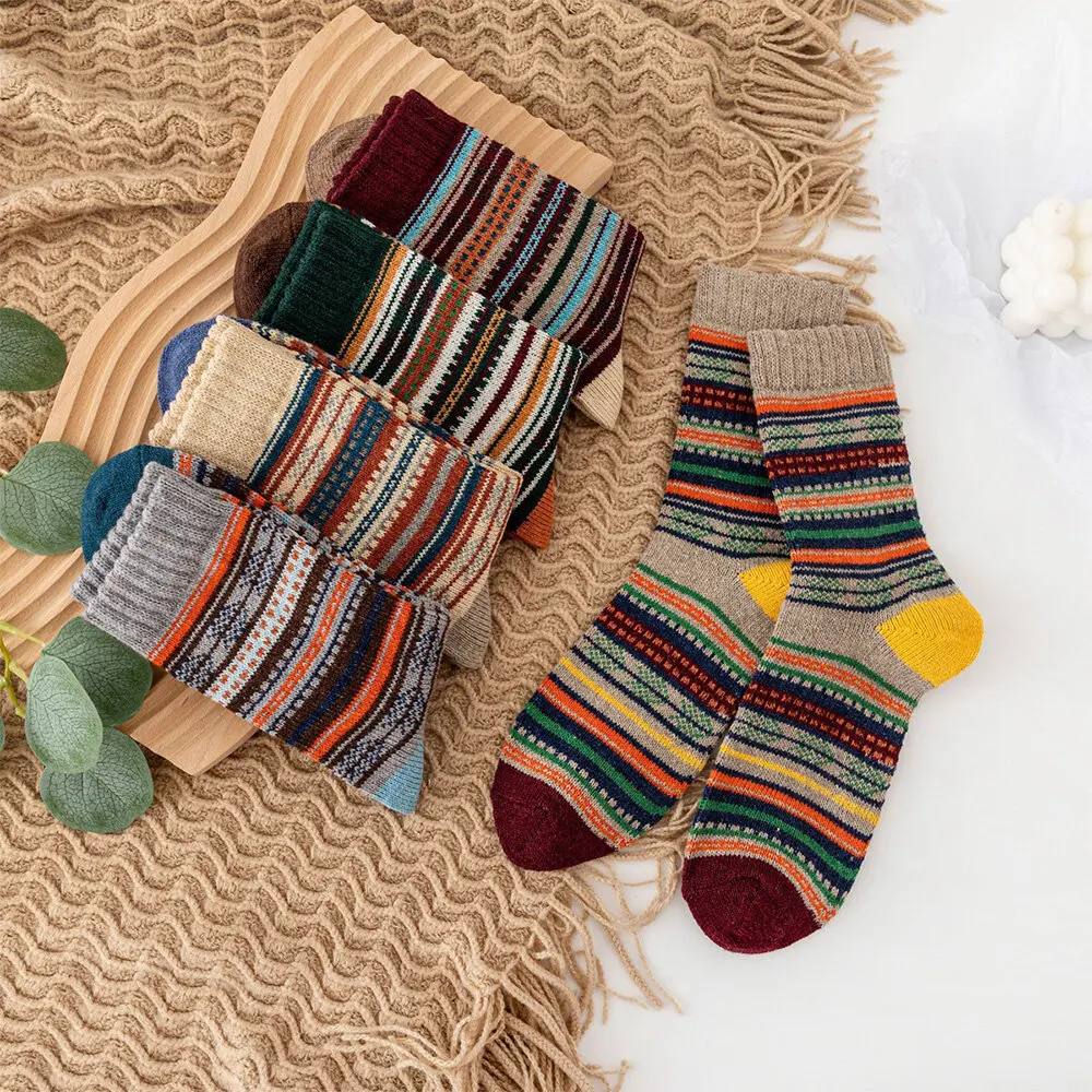 Ethnic Thick Line Wind Men Rabbit Fur Wool Blend Geometric Striped Jacquard Color- Match Thicken Warmth Socks- 5 Colors