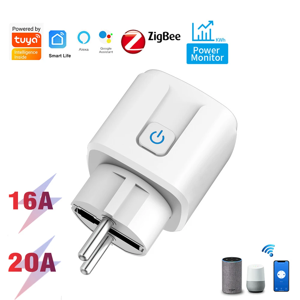 

Умная розетка Tuya EU16A/20A, умная розетка zigbee с мониторингом мощности, приложение Smart Life, дистанционное управление, поддержка Google Assistant Alexa