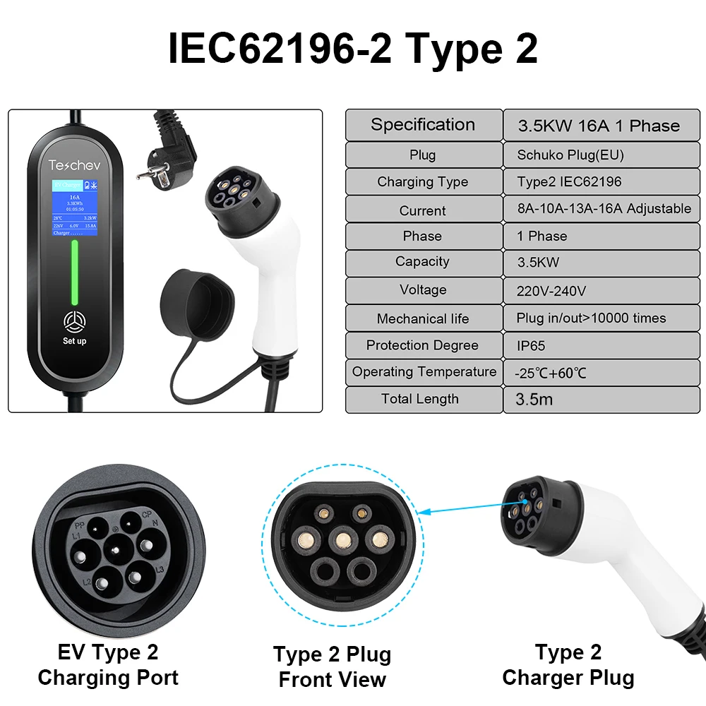 Teschev 220V Portable EV Charger Type1 16A Charging Cable GBT Wallbox EVSE Type2 Charging Stations for Electric Vehicle