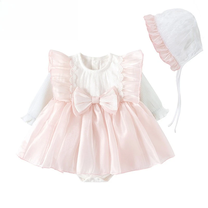 

Spring Baby Girls One Piece Long Sleeve Lace Tutu Skirt Toddler Baby Outfit Princess Baby Girl Bodysuits With Hat