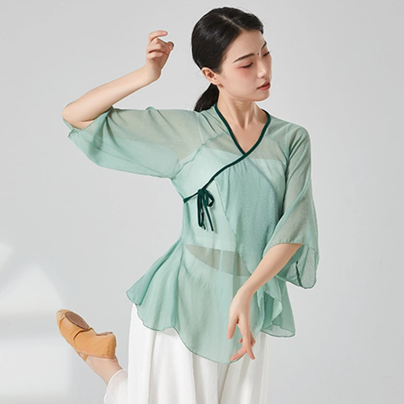 Classical Dance Top Women Guaze Mesh Cardigan Shirt Middle Sleeve Flowy Tied Stage Clothes Performance Costume Casual Blouse New