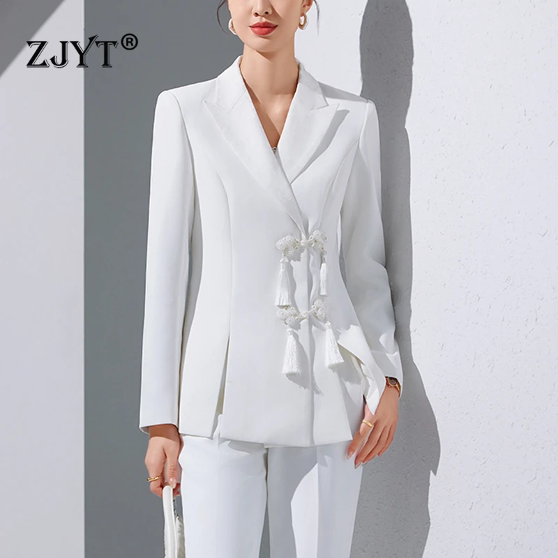 ZJYT Chinese Style Women Jacket Pant Sets Two Piece Elegant White Black Outfit Business Formal Blazer Suits Trousers Office Lady