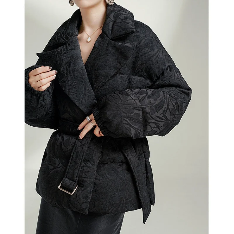 

Hotcial Winter 2025 Women High Level 90% Goose Down Jacket Parkas Jacquard Solid Black Long Sleeve Warm Puffer Coat For Women