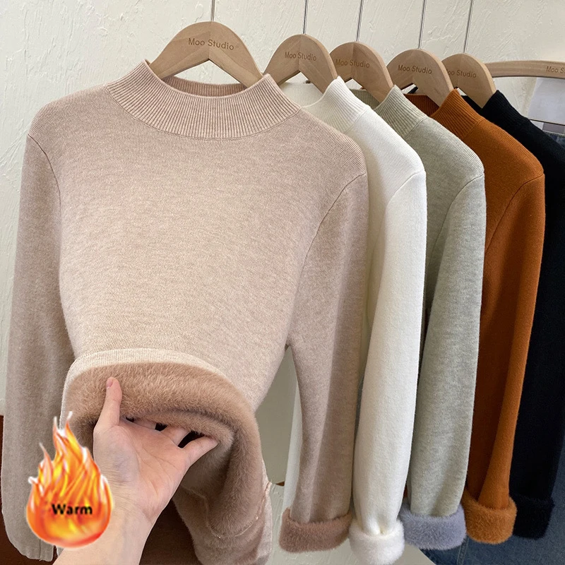 Warm Knitted Sweater Women Plus Velvet Half-Turtleneck Pullover 2024 Korean Fashion Solid Colors Long Sleeve Knitwear Top Loose