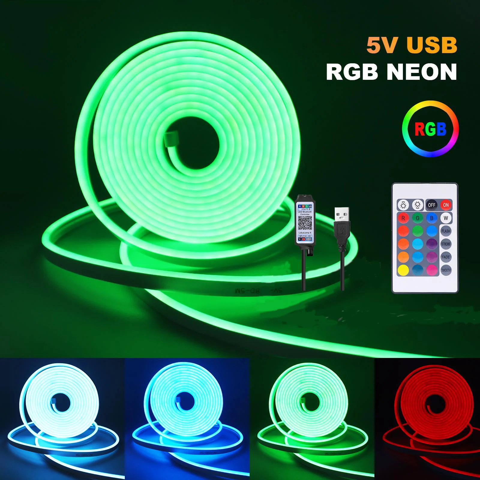 

5 В RGB неоновая лента светодиодная гибкая силиконовая водонепроницаемая неоновая панель мини 24-клавишный пульт дистанционного управления и управление через приложение Bluetooth