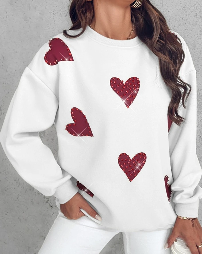 Women's fashionable casual top 2024 autumn/winter round neck heart-shaped printed long sleeved rhinestone decorated sportswear