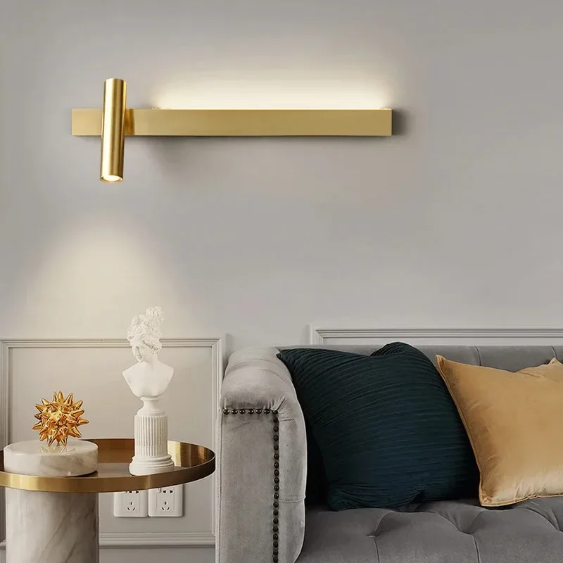

2025 Nordic All Copper Wall Lamp Led Long Rotating Reading Lamp Luxury Minimalist Spotlight Living Room Background Nightstand La